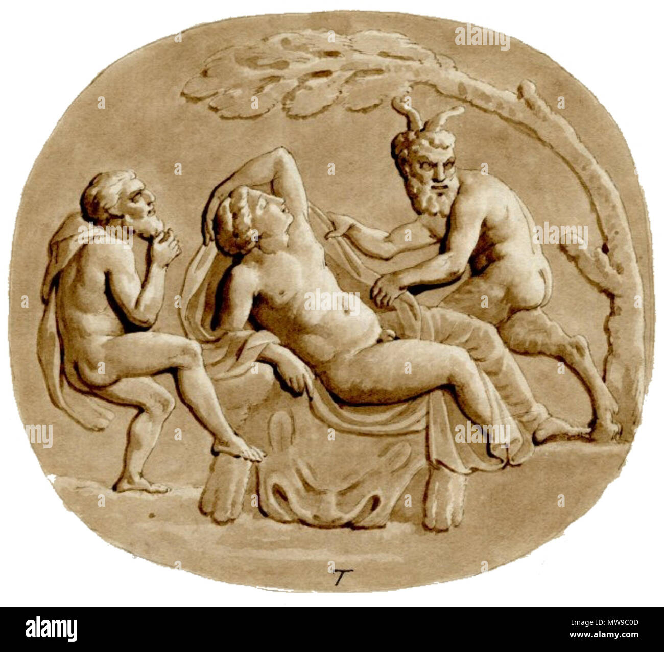 . Anglais : Dessin d'un caméo avec Hermaphroditus couchée sur un rocher, recouvert d'une peau de lion, sous un arbre ; ascenseurs Hermaphroditus's garment tout en fleurs. Plume, encre et lavis sur une feuille de papier, qui est restée coincée sur une deuxième feuille avec 2010,5006.651 et 652 ; l'assemblage encadré dans une bordure de graphite. Entre 1768 et 1805. Taylor Combe's collection mark pour Charles Townley 98 British Museum - Silène, Hermaphroditus, Pan Banque D'Images