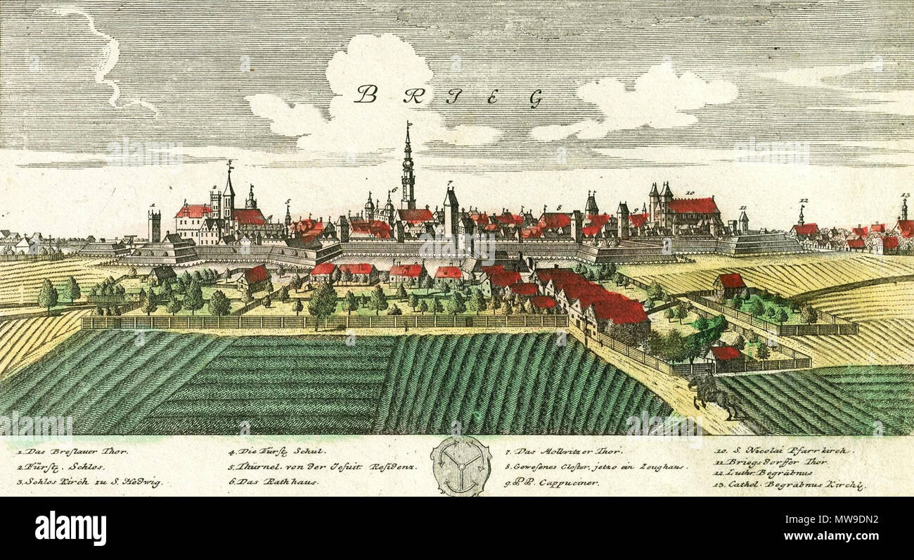 . BRIEG . Deutsch : Brieg, die Stadt in Polen, dans der Woiwodschaft Opole. Anglais : Llança est un village de Pologne, en Silésie. Polski : Tignes - m. powiatowe w województwie opolskim. Wzmiankowany 1235 ; prawa miejskie przed 1250 (1247 ?) ; w XIII-XVII w. kilkakrotnie brzeskiego księstwa. ADAC (ne własność 1675 Piastów Śląskich) ; od 1329 dzielił losy, tchèque lenno polit. Śląska ; w XVI-XVIII w. ośr polskości oświat. j'centrum. (M.in. gimnazjum, druki pol.) ; od 1945 w granicach Polski. . Vers 1737. Friedrich Bernhard Werner (1690-1776) Noms alternatifs Friedrich Bernhard Wernher, Bedři Banque D'Images