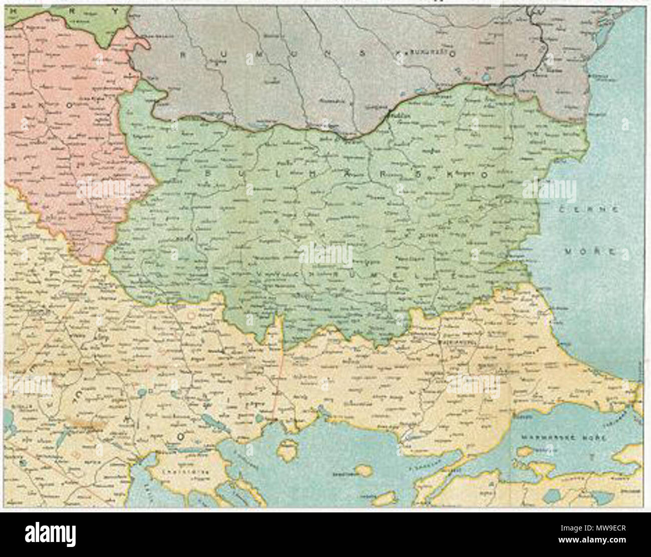 . Carte de la guerre des Balkans Theatre pendant la Première Guerre des Balkans. La carte montre les pertes territoriales suggéré de l'Empire Ottoman en faveur du Monténégro, la Serbie et la Bulgarie. Les descriptions sont en tchèque. 3 février 2009, 09:26 (UTC). Guerre des Balkans Theatre.jpg : Kolomaznik Kolomaznik : travail dérivé (talk) 104 Bulgarie avant les guerres des Balkans Banque D'Images
