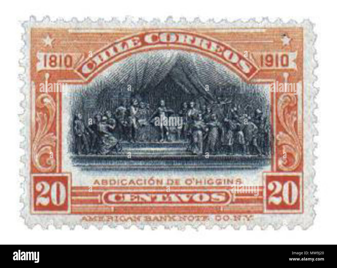 . Español : Estampilla de 20 centavos, conmemorativa del Centenario de Chile. Escaneada Imagen de la Colección personal de Usuario:FS90, janvier 2010. 1910. Fs90 120 Centenario chili 20 centavos Banque D'Images