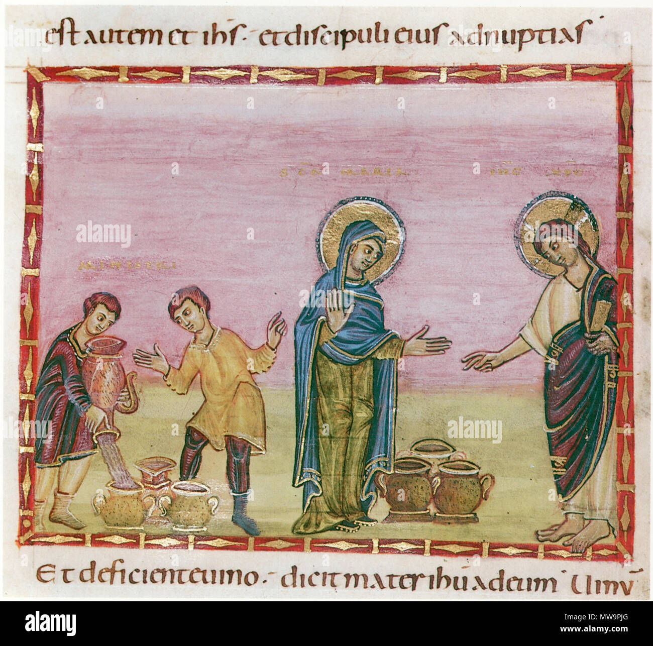 . Deutsch : Codex Egberti, fol. 20v. Weinwunder auf der Hochzeit zu Kana. 10e siècle. 10e siècle moine 136 Codex Egberti fol. 20v Banque D'Images