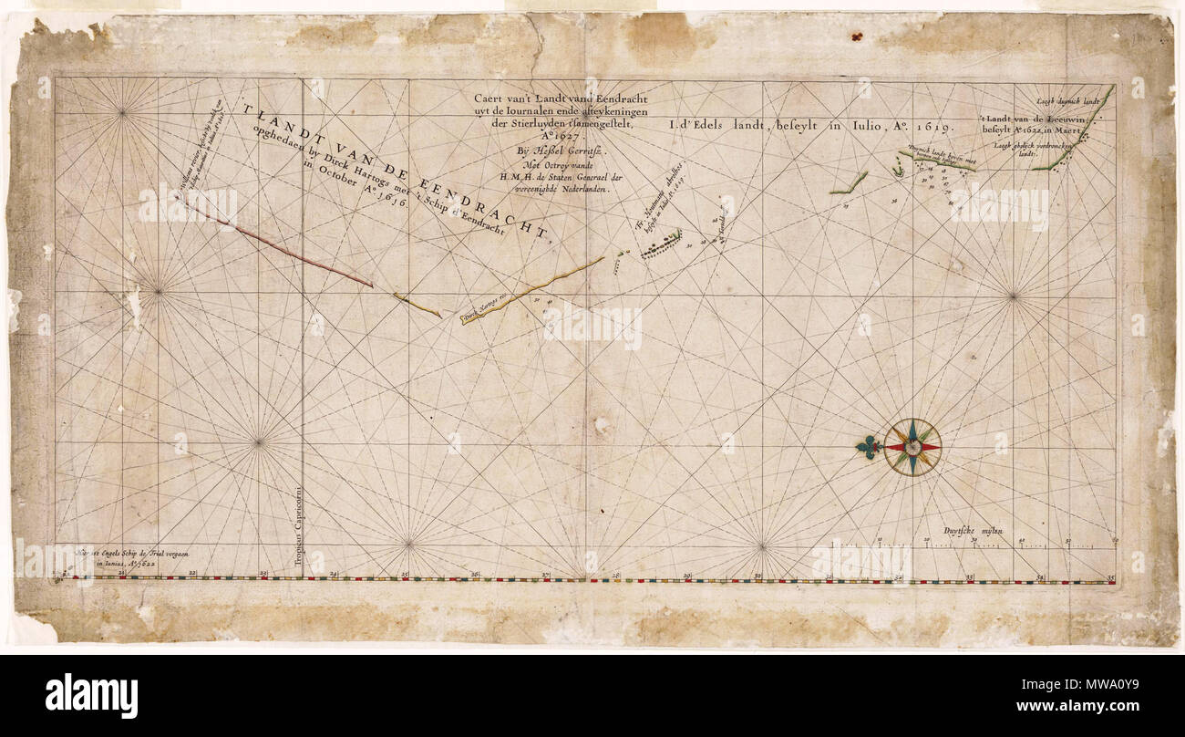 . Il s'agit d'une image de Hessel Gerritszoon's 1627 Carte de la côte nord-ouest de l'Australie. Le titre est 'Caert van't Landt van d'Eendracht' qui signifie 'Graphique de la Terre de l'Eendracht'. C'est ainsi nommée parce que cette partie de la côte était d'abord et avant tout tracée par Dirk Hartog dans l'Eendracht en 1616. C'est un scan de la copie appartenant à la Bibliothèque nationale d'Australie (NLA). Il a été équilibré de couleur. La carte originale a été publiée en 1627.. Hessel Gerritsz, aussi écrit 'Hessel Gerritszoon'. 108 Caert van't Landt van d'Eendracht (ALN) équilibré Banque D'Images