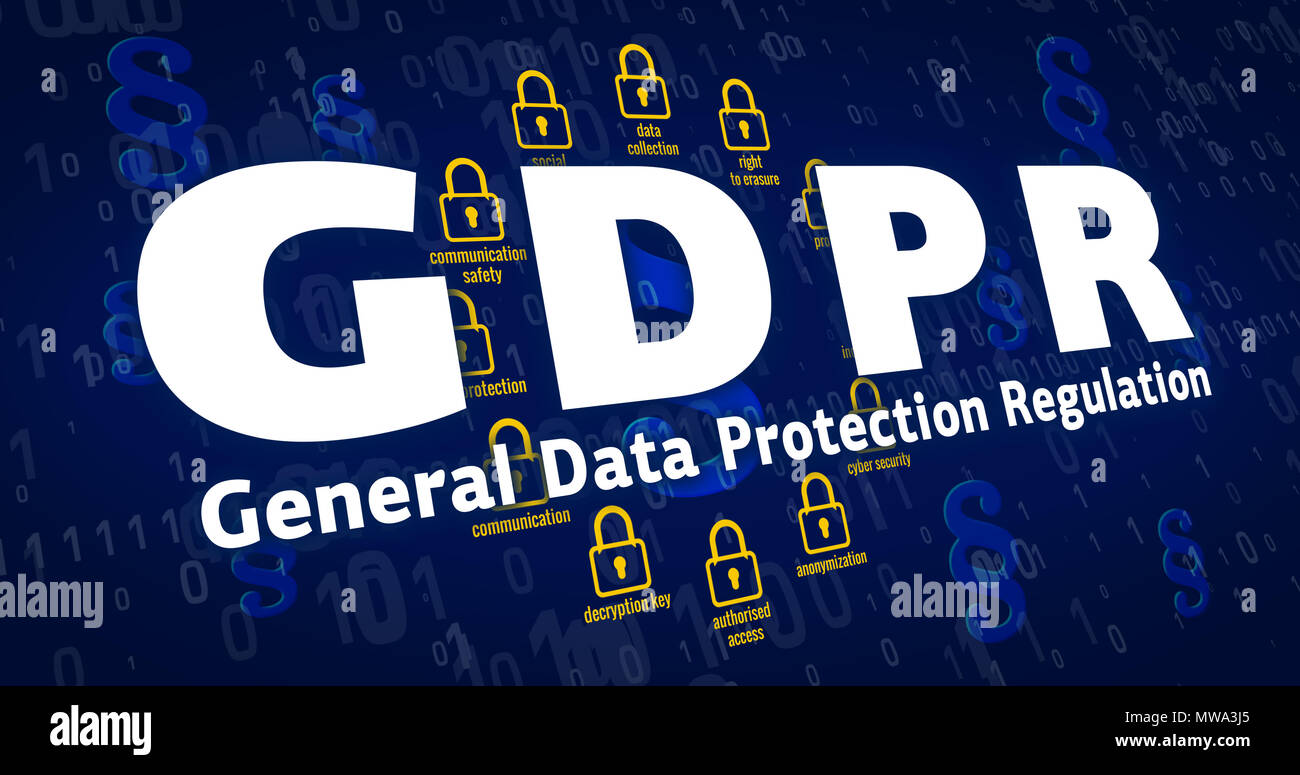 Pibr - Règlement général sur la protection des données, cadenas, symbole paragraphe et la cyber-sécurité mots clés sur fond numérique bleu. Le rendu 3D concept. Banque D'Images