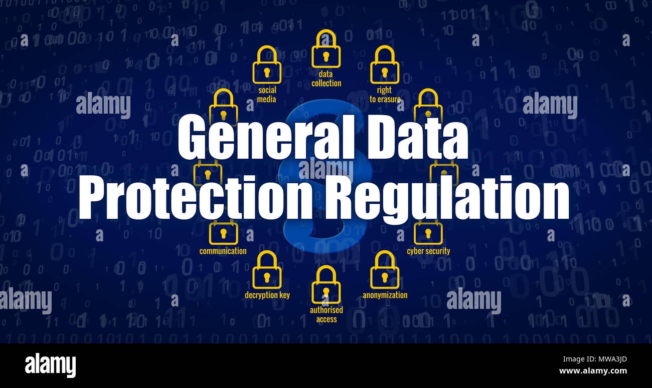 Pibr - Règlement général sur la protection des données, cadenas, symbole paragraphe et la cyber-sécurité mots clés sur fond numérique bleu. Le rendu 3D concept. Banque D'Images