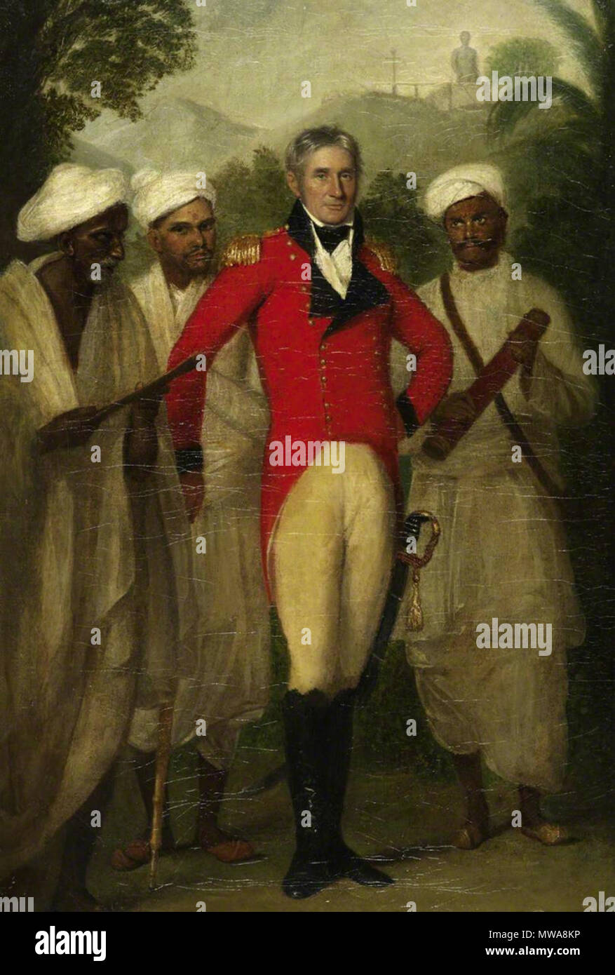 . Anglais : Portrait de Colin Mackenzie peint par Thomas Hickey en 1816. Mackenzie, portant uniforme écarlate, est accompagné par trois de ses assistants indiens. Dans la distance est la colossale statue de Gomateshvara Jain à Karkala. 1816. Thomas Hickey (1741-1824) 138 Colin Mackenzie Banque D'Images