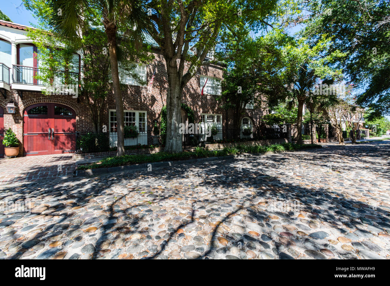 Cobblestone Street, Charleston, SC, quartier historique, quartier d'habitations, USA Banque D'Images