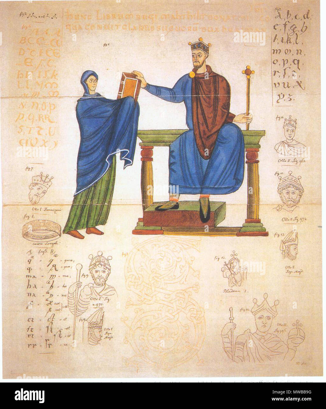 . Deutsch : Darstellung und Mathildes Mieszkos II. von Schwaben auf dem Widmungsbild des Liber de divinis officiis ; St-gall erstes Viertel 11. Jahrhundert. Düsseldorf, Universitäts- und Landesbibliothek, Mme C 91, (verschollen), fol. 3r . Entre 1000 et 1025. Mieszkos 153 Inconnu Darstellung und Mathildes von Schwaben Banque D'Images
