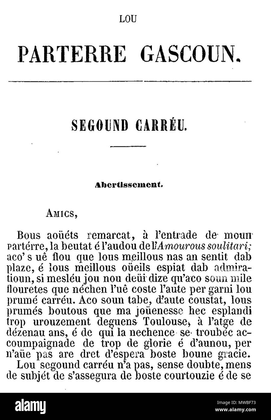 . English : Page en occitan de Bédout, mort en 1690, l'édition de 1850 . 5 juillet 2013, 14:08:11. Giralt Bédout mort en 1690, l'édition de 1850 235 GBedot Banque D'Images