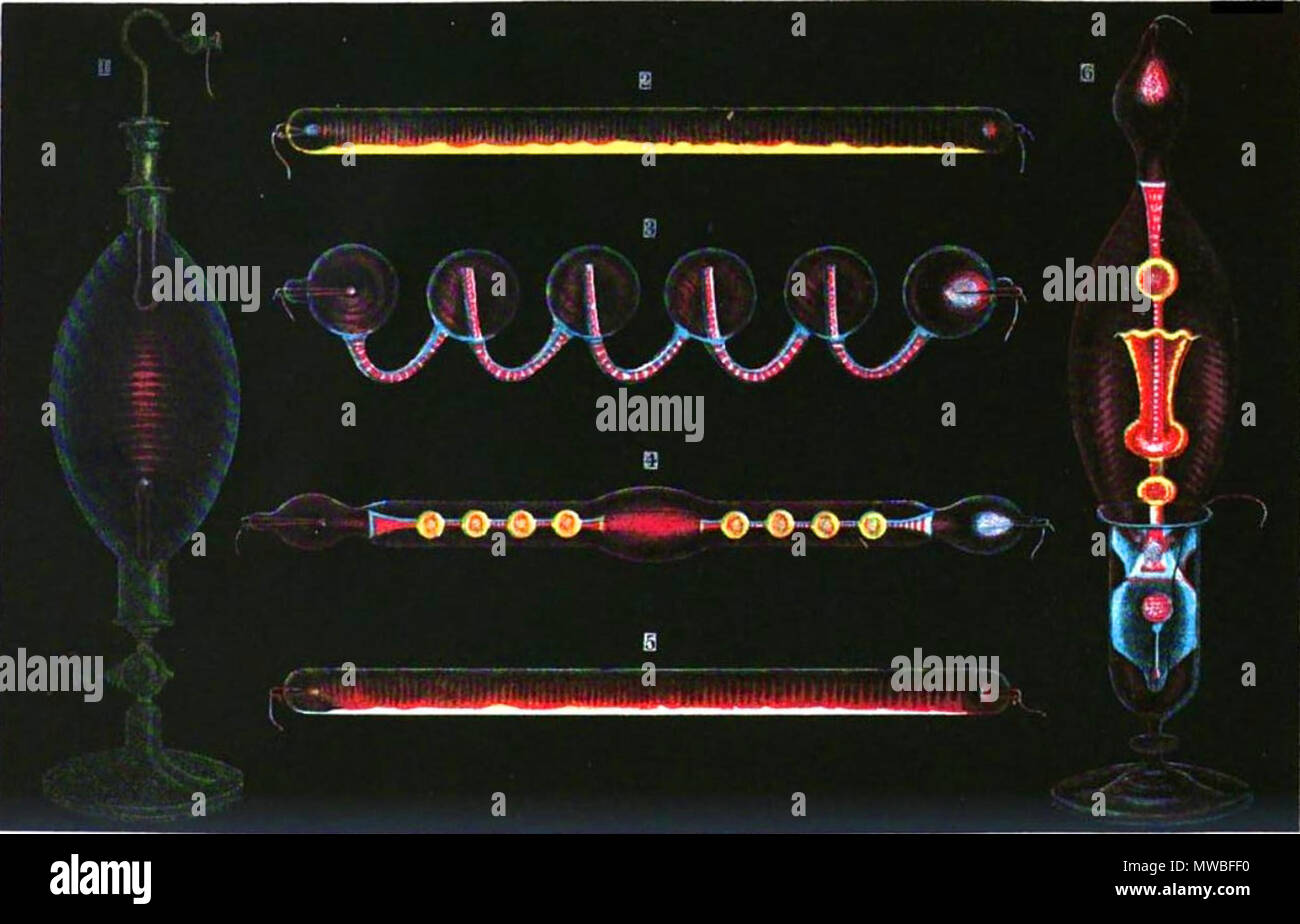 . Anglais : dessin en couleur des tubes de Geissler éclairés par leur propre lumière, d'une philosophie naturelle Français 1869 livre, montrant quelques-unes des nombreuses formes fantaisistes. Inventé par l'Allemand Heinrich Geissler souffleur de verre en 1857, Geissler tubes ont été le premier type de néons. Légende : "décharge électrique dans les gaz raréfiés : 1.Décharge dans une vapeur de l'alcool. (2.3.4.5.Geissler tubes contenant du gaz raréfié) 2.montre une fluorescence de sulfure de calcium, 4.de fluorescence du verre, de l'uranium 5.montre une fluorescence de sulfure de strontium, la fluorescence de l'uranium 6.Le verre et le sulfate de quinine'. Publié en 1869 Banque D'Images