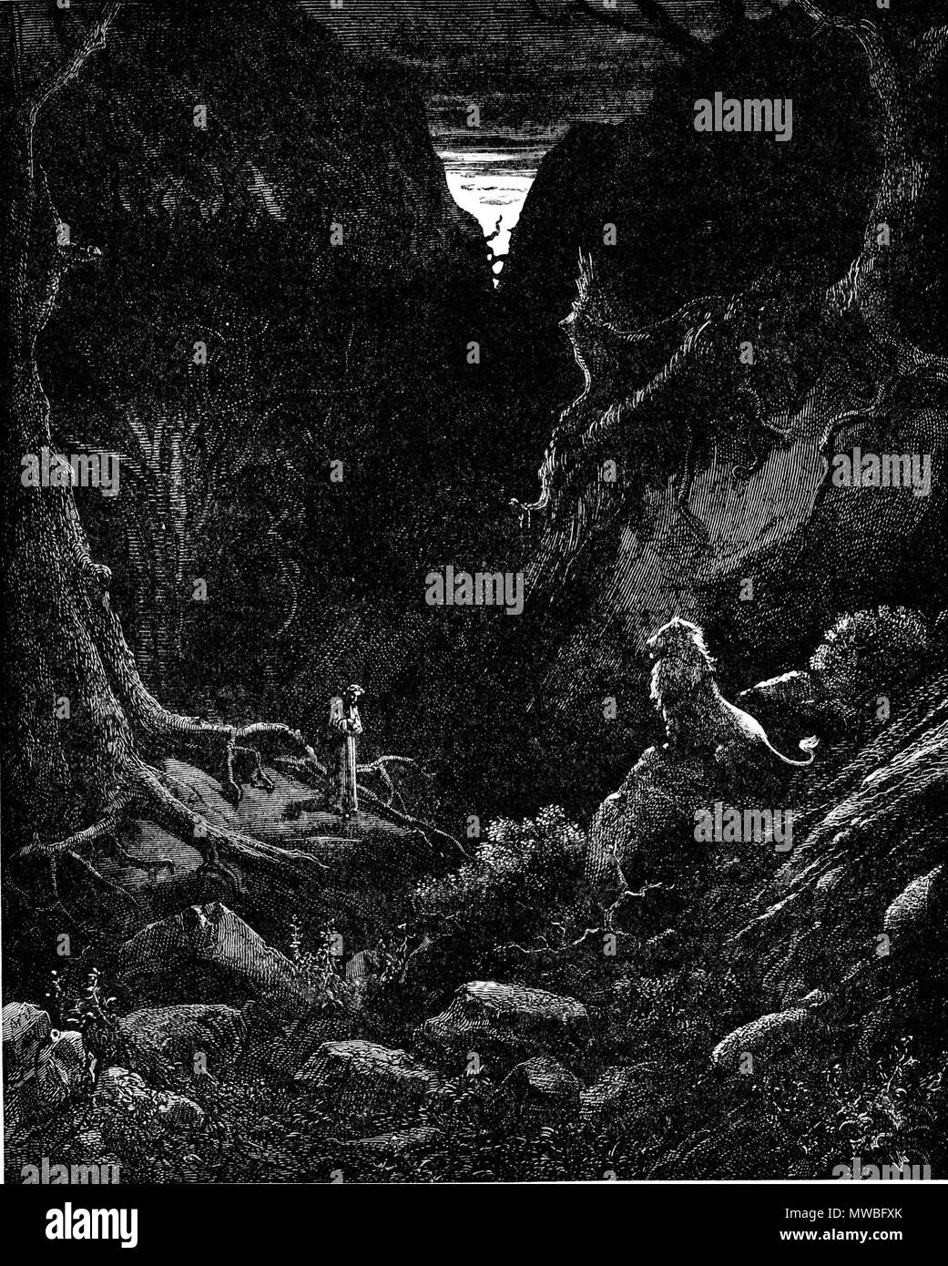 . Numérisation haute résolution de gravure de Gustave Doré illustrant Canto I de la Divine Comédie, Inferno, par Dante Alighieri. Légende : Le Lion confronte soudain Dante . 30 janvier 2008. scanné, post-traités, et chargé par Karl Hahn 174 DVinfernoLionConfrontsDante m Banque D'Images