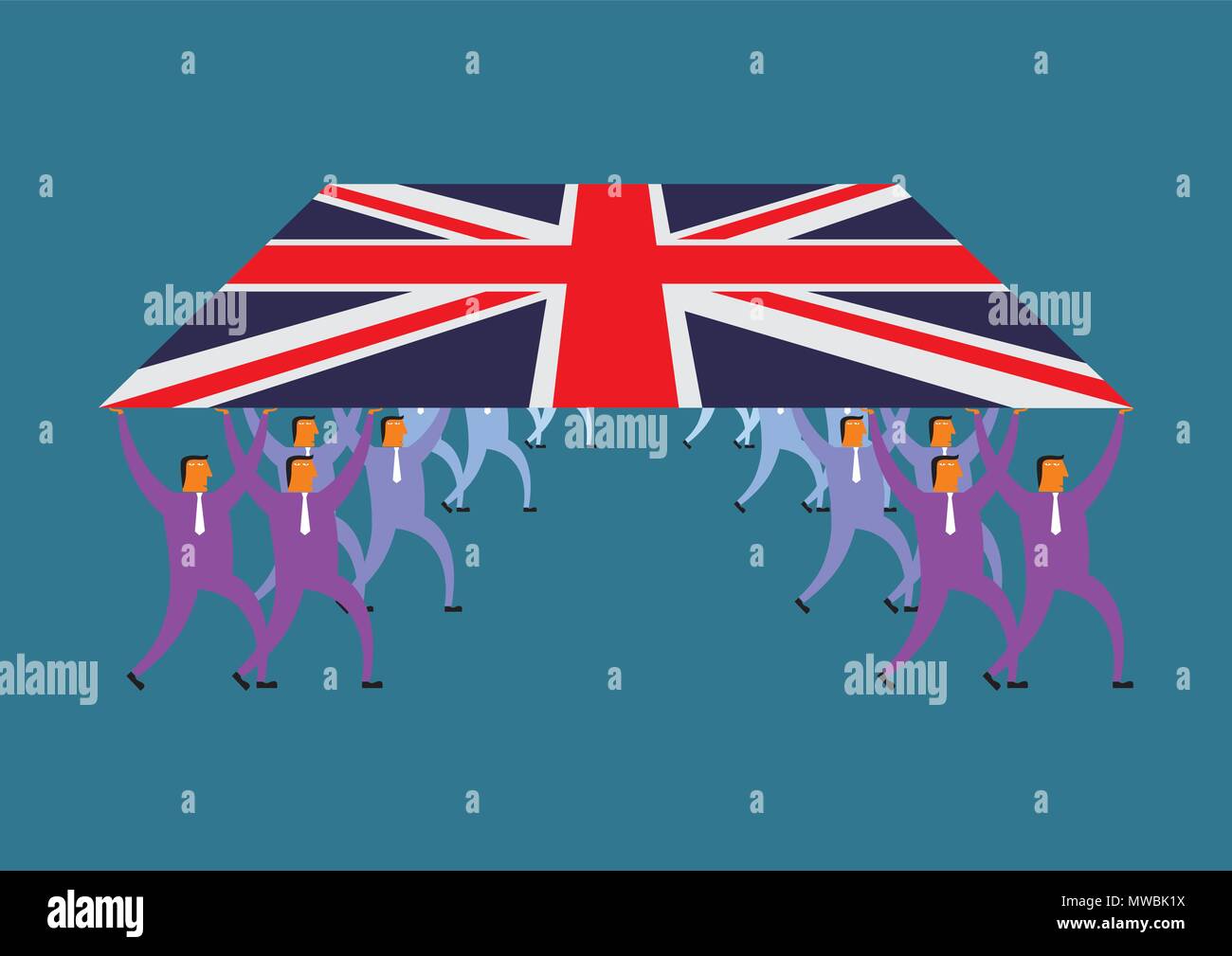 Concept d'équipe, un groupe d'hommes d'ascenseur le drapeau britannique. Illustration de Vecteur