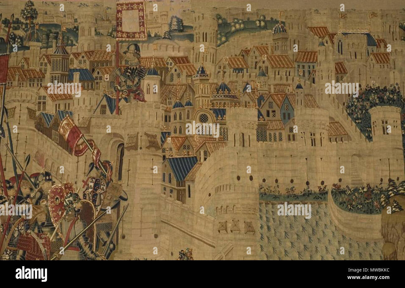La tapisserie gothique probablement produit sous la direction de Passchier  Grenier, tapisserie, marchand, la conquête de Tanger, (détail) c.  1471-1475, soie et laine, tapisserie 400 x 1082 cm, Collégiale de Notre