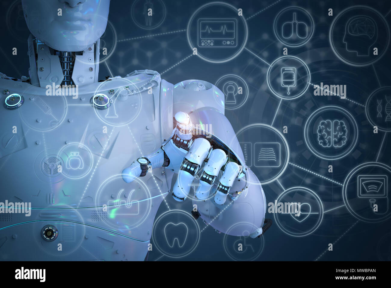 Concept de technologie médicale avec rendu 3D robot ia travaillant avec interface hud médical Banque D'Images