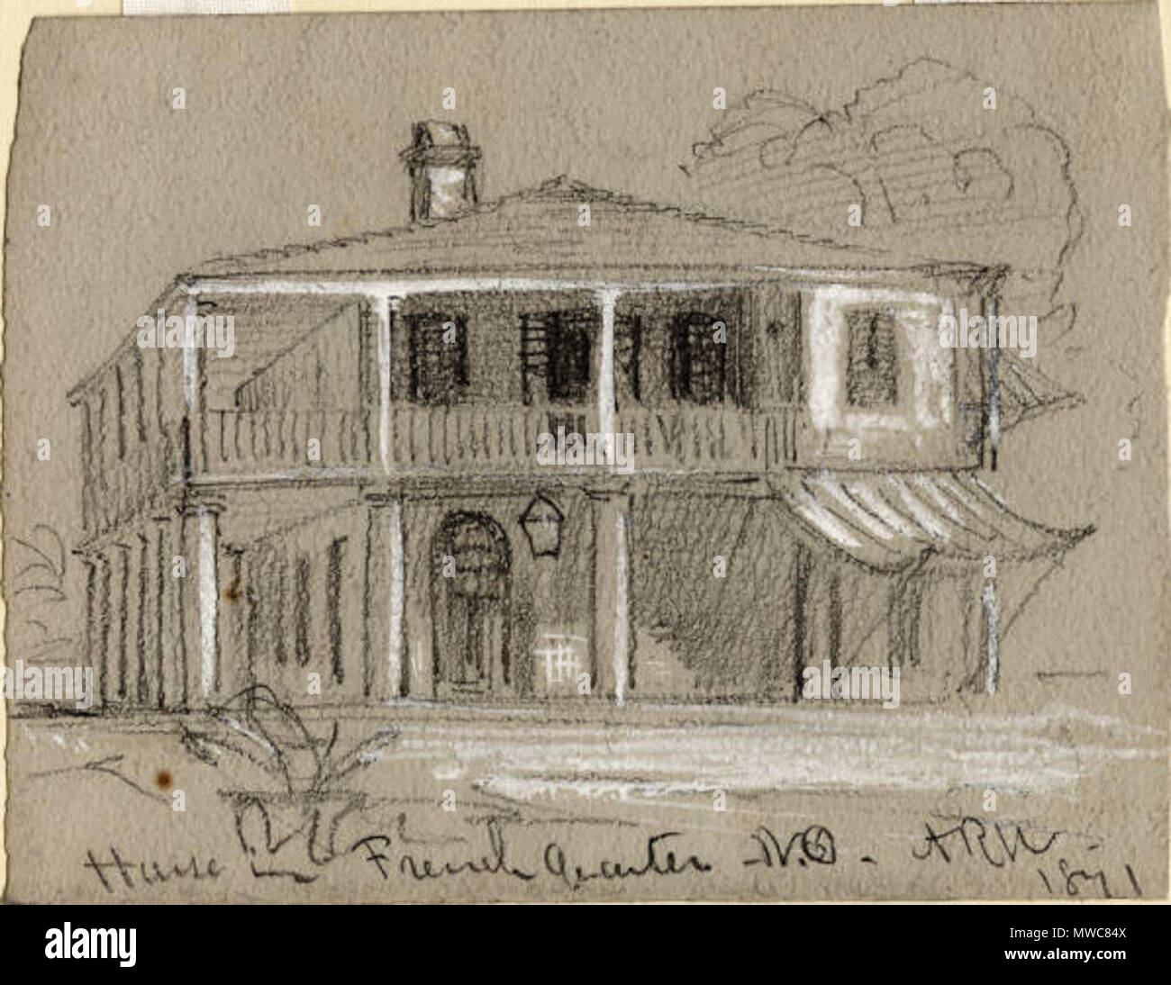 . La Nouvelle Orléans, en 1871 : 'House dans le quartier français de la Nouvelle-orléans". Sketch par Alfred Waud R.. 1871. Alfred Rudolph Waud, 1828 - 1891 221 FrenchQuarterHouseWaud1871 Banque D'Images