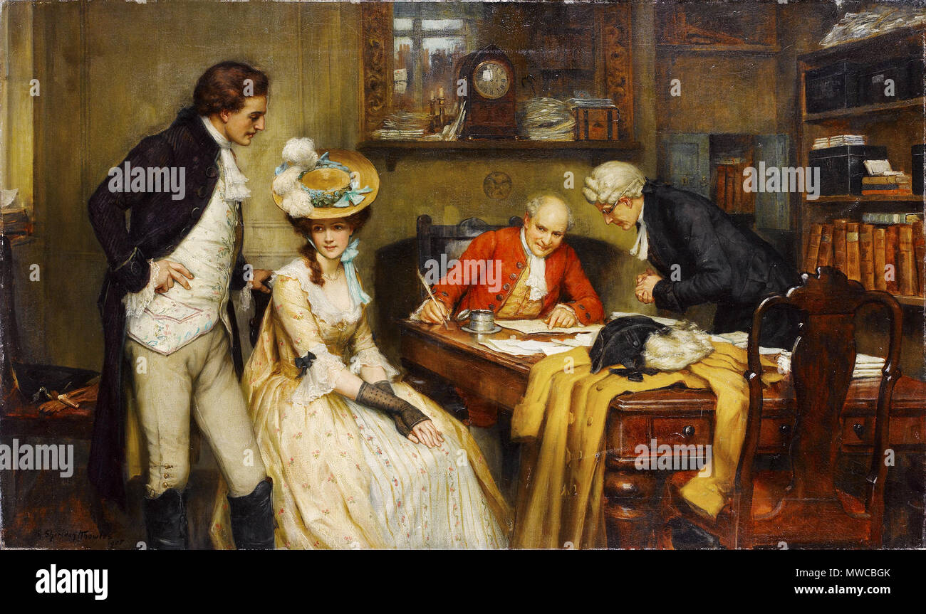 . Anglais : La signature du contrat de mariage. Signé et daté 1905 G.Sheridan Knowles/. Huile sur toile. 61 x 101,6 cm . 1905239 George Sheridan Knowles la signature du contrat de mariage 1905 Banque D'Images