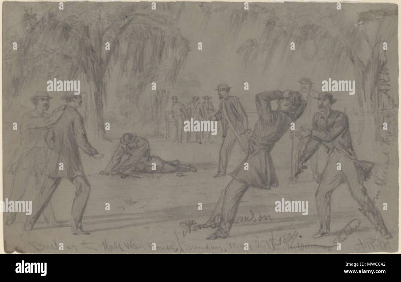 . La Nouvelle Orléans, 1866 : 'Duel à la maison de transition, la Nouvelle Orléans'. Sketch par Alfred Waud R.. Mai 1866. Alfred Rudolph Waud, 1828 - 1891 172 DuelAtHalfwayHouseNOLA1866Waud Banque D'Images