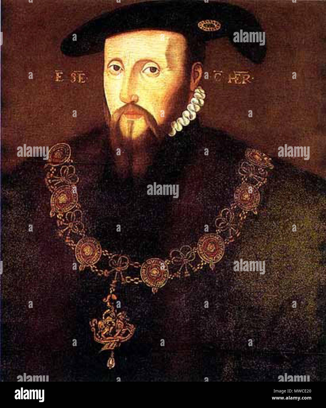 . Anglais : Portrait d'Édouard Seymour, 1 comte d'Hertford (CR 1537), (plus tard, en 1547, créé duc de Somerset & Lord Protector 1547-49) ; par l'artiste inconnu, Collection de marquis de Bath, Longleat House, dans le Wiltshire. L'inscription latine de chaque côté de sa tête est : '(E) dwardus SE(mour) C(omes) tfordiensis(SON)' ('Edward Seymour, comte d'Hertford'). Il porte le collier de l'ordre de la jarretière d'où pend le grand George. Selon l'historienne Roy Strong, il n'y a qu'un certain portrait de Seymour, une miniature peinte par Nicholas Hilliard en 1560 à partir d'un ancien pa Banque D'Images