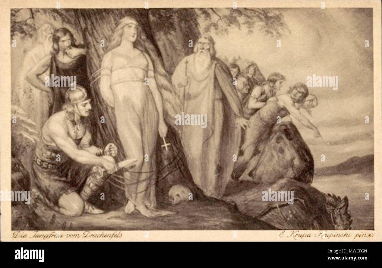 . Deutsch : Jungfrau vom Drachenfels (Postkarte) Die Sage vom Drachenfels. Nach dem Gemälde von E. Krupa-Krupinski. Siegfried tötete den Drachen und die befreite Jungfrau, die diesem geopfert werden sollte. 19e siècle. Emil (1872-1924) Krupa-Krupinski 185 Emil Krupa Krupinski - Jungfrau vom Drachenfels Banque D'Images