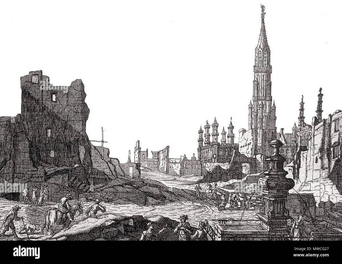 . English : Gravure d'après un dessin de Augustin Coppens représentant la Grand-Place de Bruxelles après le bombardement de 1695 par les troupes françaises de Louis XIV, de Vue du Marché aux Herbes vers la rue de la Colline et l'Hôtel de Ville (détail) . 1 septembre 2007. Utilisateur:Ben2 251 Grand- Place BXL1695 -01 Banque D'Images