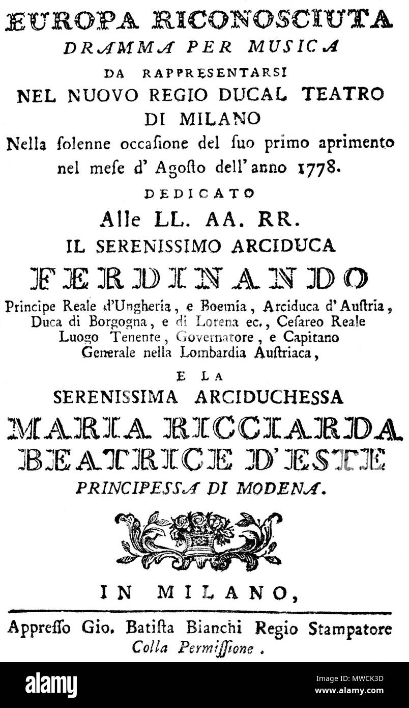 . L'image représente l'affiche originale de l'opéra Europa Riconosciuta d'Antonio Salieri, le 3 août 1778 . 15:40 26 juin 2007 -- voir en [1]. Europa Riconosciuta inconnu 198 Affiche originale 1778 Banque D'Images