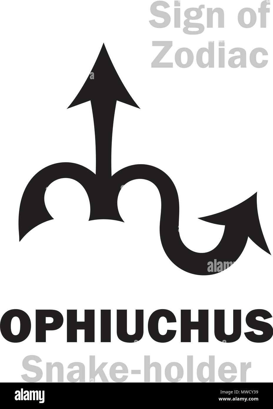 Alphabet d'astrologie : 13ème signe du zodiaque OPHIUCHUS / SERPENTARIUS (le serpent-holder), constellation entre le Scorpion et le Sagittaire. Signe hiéroglyphique. Illustration de Vecteur