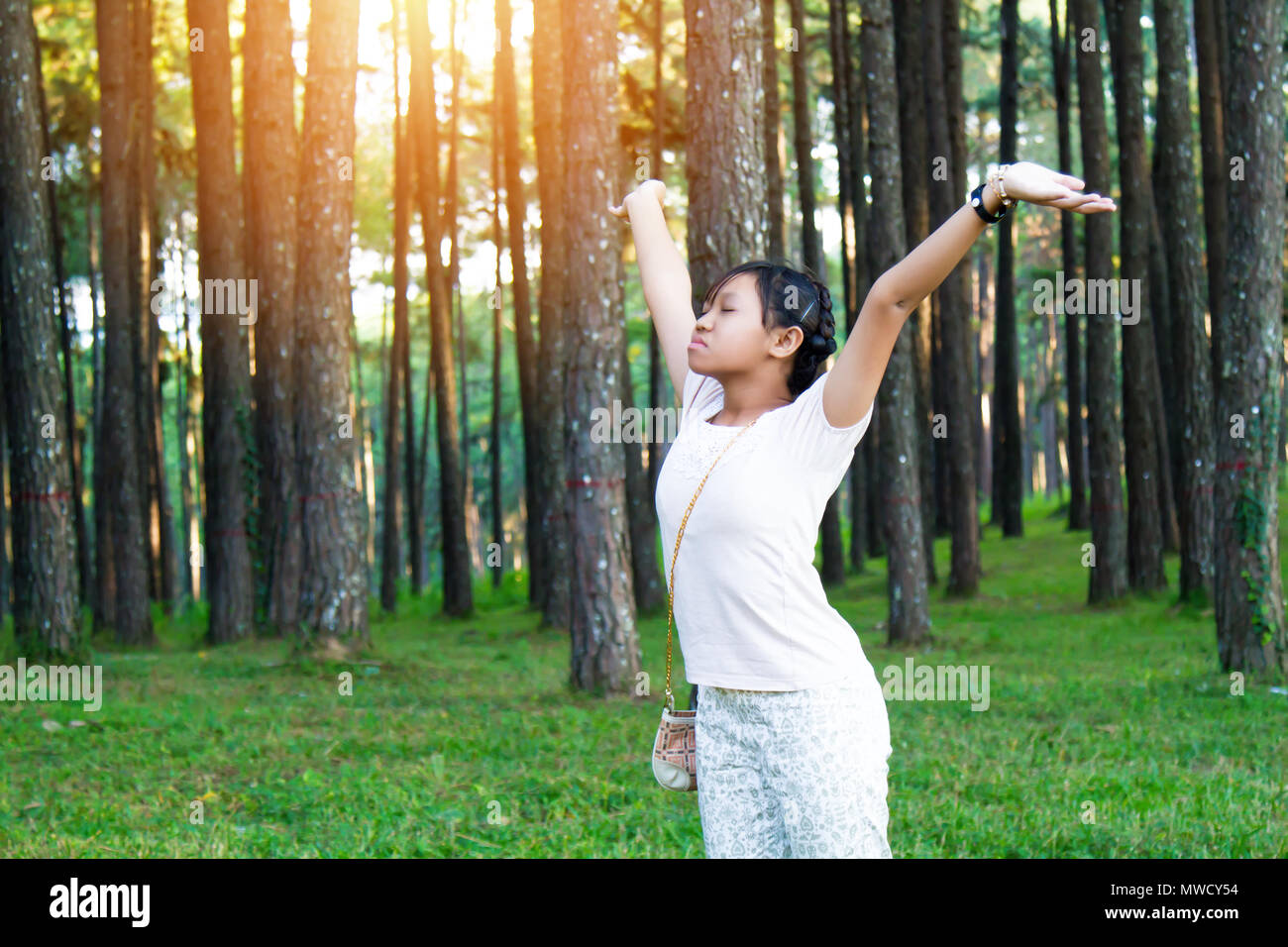 Les adolescentes en Asie joyeuse forêt contexte nombre arbre avec copie espace. Flare Soft du soleil. Banque D'Images