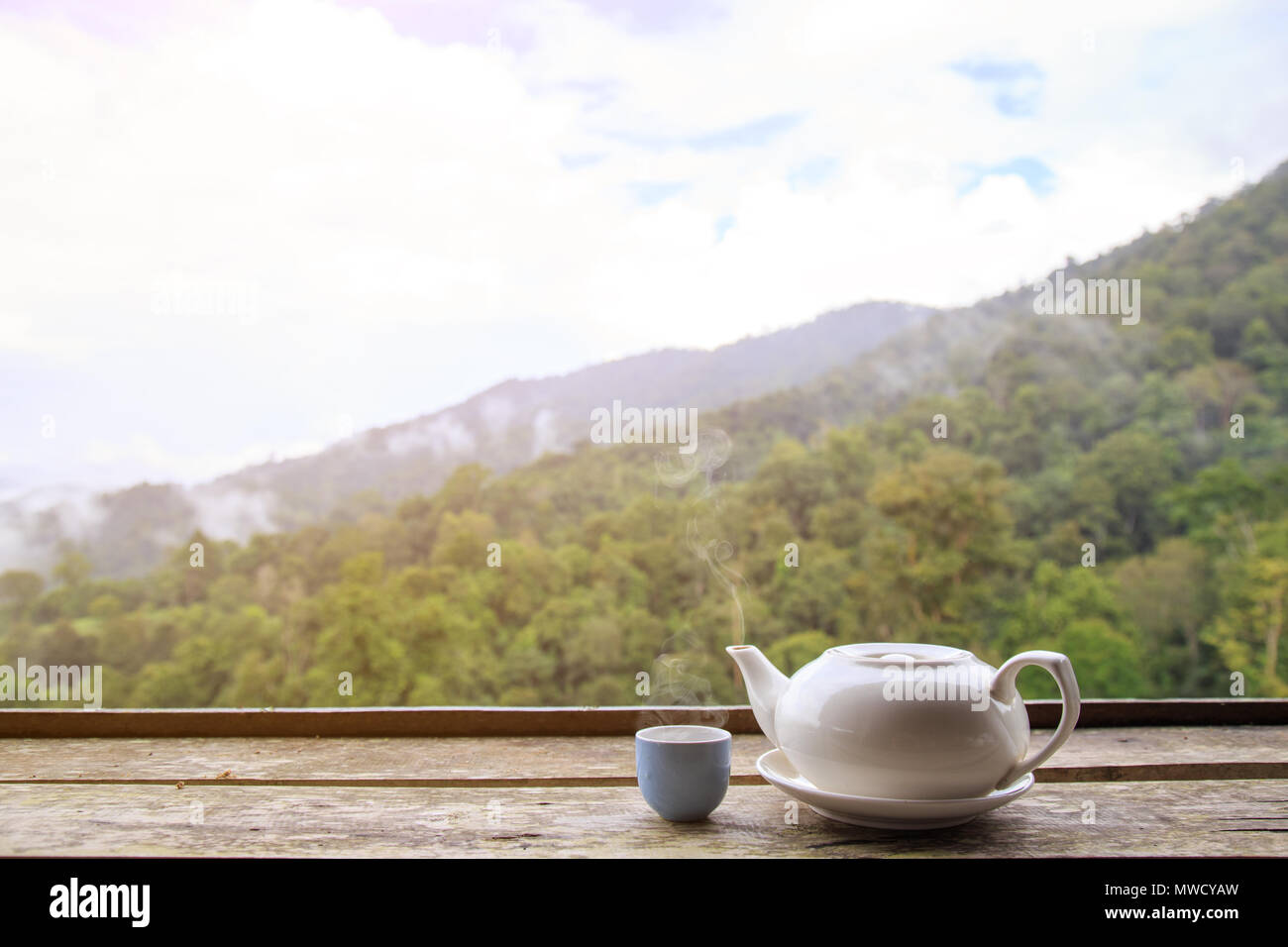 Théière et tasse de thé chaud ou tiède sur la table en bois avec copie espace fond nature. Banque D'Images