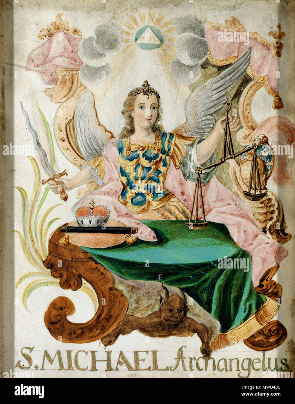 . Hl. Erzengel Michael mit Schwert und Waage. Auf einem Tisch und Krone Zepter, Unter dem Tisch sich versteckender Teufel. Malerei polychrome auf Pergament. 20 x 15,5 cm . 18e siècle. 194 anonyme Erzengel Michael 18JH Banque D'Images