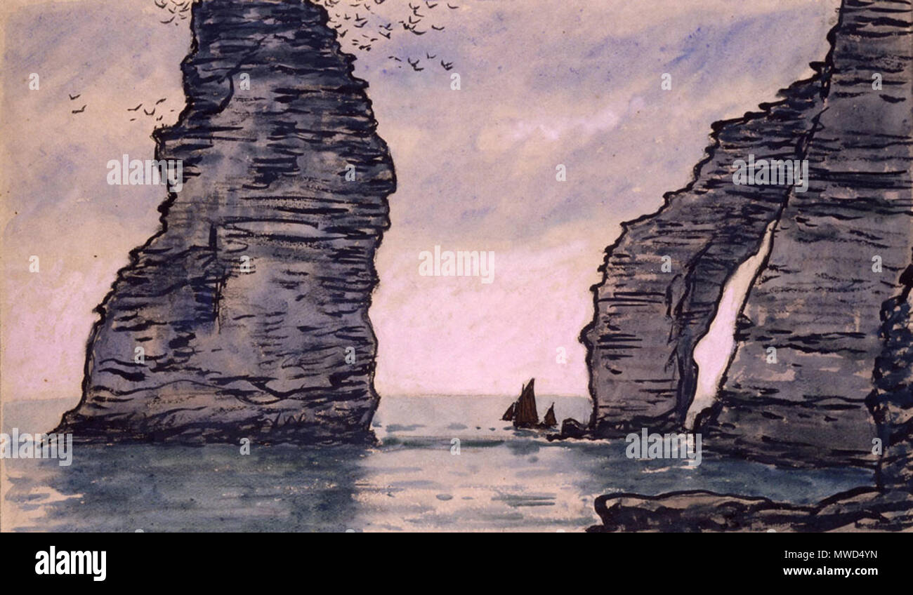 . English : Etretat. Bateaux au pied de l'aiguille, encre de Chine, fusain et aquarelle, 38 x 64 cm. Collection privée. Musée d'art moderne André Malraux, Le Havre. avant 1930. Jean Francis Auburtin (1866-1930) 196 Etretat, Bateaux au pied de l'aiguille, encre de Chine Banque D'Images
