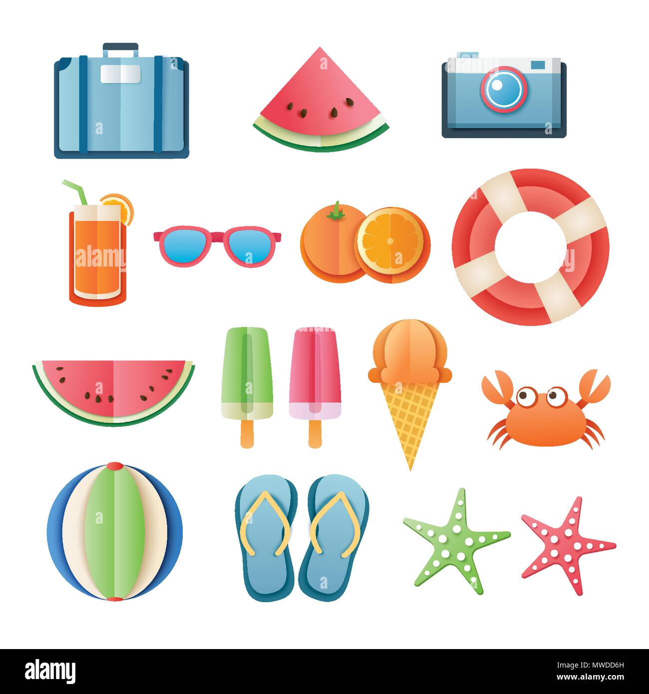 Autocollant d'été icon set paper art design. Peut être utilisé pour la bannière, insignes, symbole, élément isolé. Illustration de Vecteur