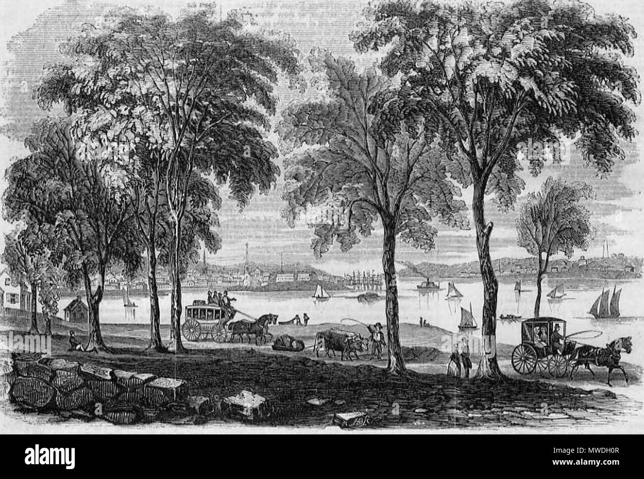 . Anglais : Vue de New London, Connecticut, à partir de la rue Shore, une gravure publié en novembre 1854 dans la région de Gleason's Pictorial Drawing-Room Companion, Boston, Massachusetts . 1854. Inconnu. Le programme original a été Hugh Manatee at fr.Wikipedia 632 avis de New London, Connecticut, à partir de la rue Shore Banque D'Images
