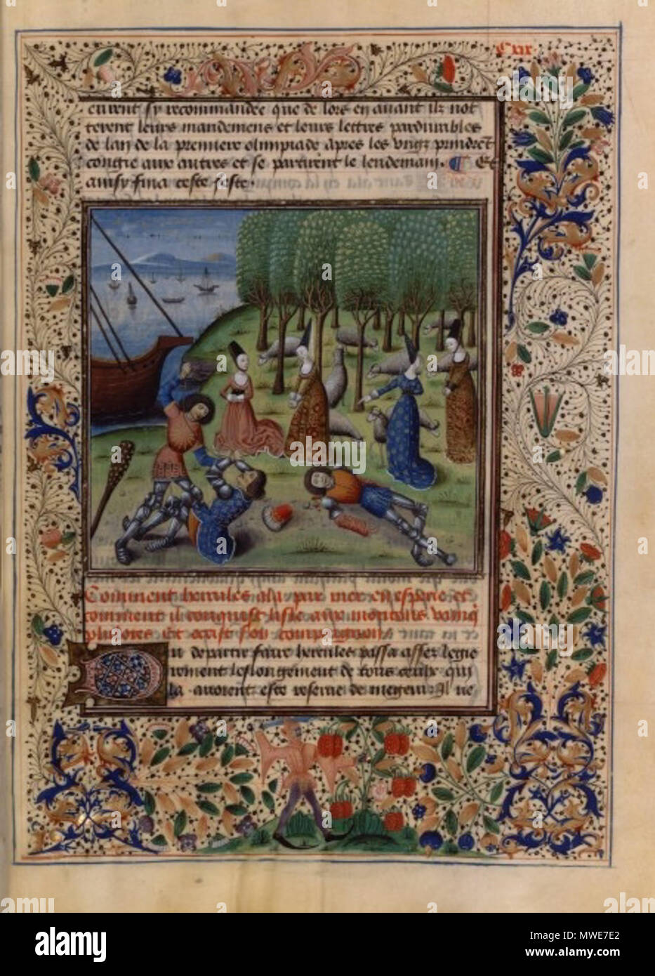 . Hercule au jardin des Hespérides département manuscrits occidentaux cote du document FRANCAIS 59 fonds ou collection Louis de Bruges ; librairie de Blois période du Moyen âge document date du document ou du recueil 1470 ? Partie de Recueil des histoires de Troie. - Bruges, folio Folio 119 pagination auteur(s) Maître de la Chronique d'Angleterre (Enlumineur) Le Fèvre, Raoul (14..-14..) (Auteur) catégorie Manuscrits à peinture matériau(x) Parchemin . circa 1470. Maître de la Chronique d'Angleterre (Enlumineur) 280 histoires de Troyes - Pommes des Hespérides Banque D'Images