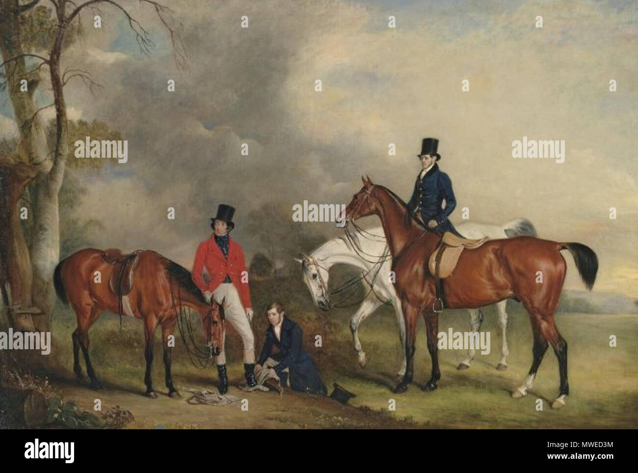 . Anglais : James Ogilvie Fairlie avec son époux John Jennay et Cooper, et ses chasseurs Spicey, aile et la petite mare. Les chevaux dans cette image ont été les trois principaux steeplechasers dans Fairlie's écuries. Aile a été nommé d'après le village de Buckinghamshire où un cerf a été prise sur une extraordinaire course avec M. de Burgh's Staghounds. vers 1840. John E. Ferneley (1782-1860), peint v. 1840307 James Ogilvie Fairlie (Portrait par John E. Ferneley, ch. 1840) Banque D'Images
