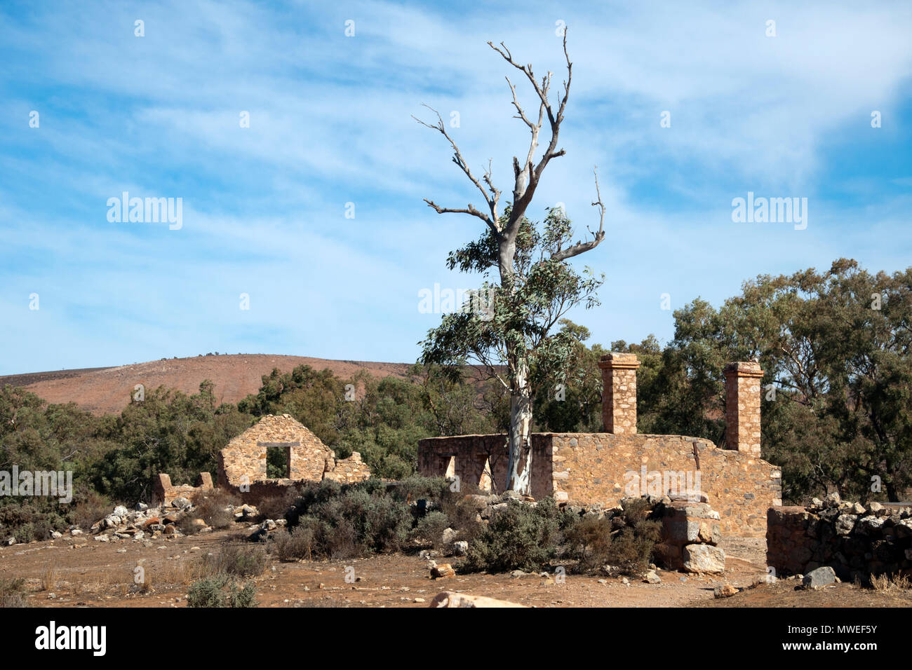 Kanyaka l'Australie du Sud, paysage aride avec en premier plan de règlement abandonné Banque D'Images