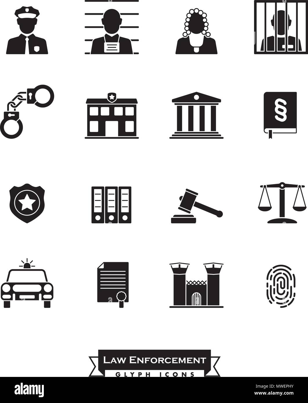 Collection d'icônes de glyphe d'application de la loi. Les symboles de la justice pénale Illustration de Vecteur