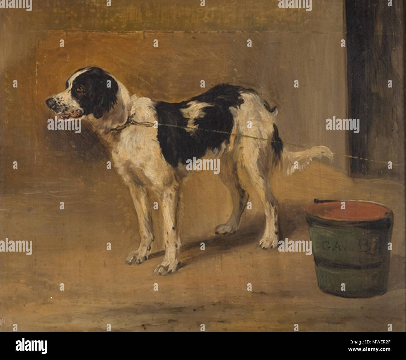 . Nederlands : Een hond aan de ketting. huile sur toile. 37 × 43 × 16,9 cm (14,5 in). RCE (B2250). Vroeger Rijksmuseum Amsterdam (SK-A-2091). . Entre 1860 et 1891. Guillaume Anne van der Brugghen 20 un chien en laisse par Guillaume Anne van der Brugghen Rijksdienst voor het Cultureel Erfgoed B2250 Banque D'Images