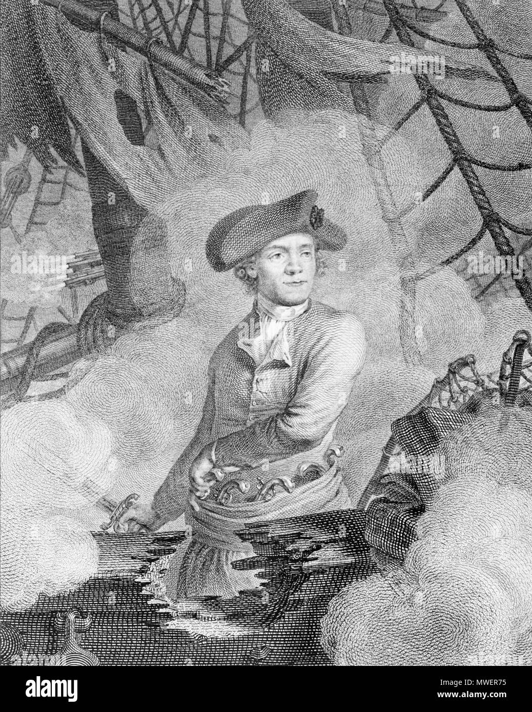 . John Paul Jones, le commodore au service des Etats-Unis de l'Amérique (commodore des États-Unis d'Amérique) 1 : gravure d'impression. Imprimer montre John Paul Jones, half-length portrait, en face légèrement à droite, debout sur le bord d'un navire au cours d'un combat, pour atteindre avec la main gauche pour l'un de plusieurs pistolets à sa taille, la main droite est titulaire d'épée. circa 1779. Guttenberg, Carl, 1743-1790, graveur. D'après un dessin de C. J. Notté.[2] 321 John Paul Jones2 Banque D'Images