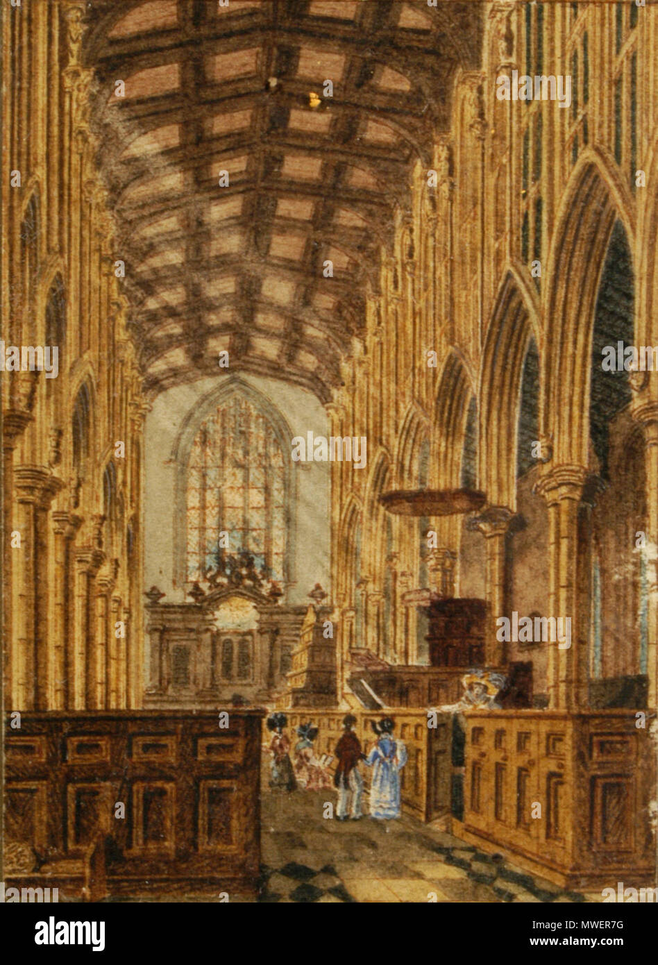 . Anglais : Melford intérieur de l'église, à la fenêtre à l'orient. Aquarelle, 7,5 x 5,5 cm . en 1847. John Preston Neale (1780-1847) 321 John Preston Neale Melford intérieur de l'église Banque D'Images