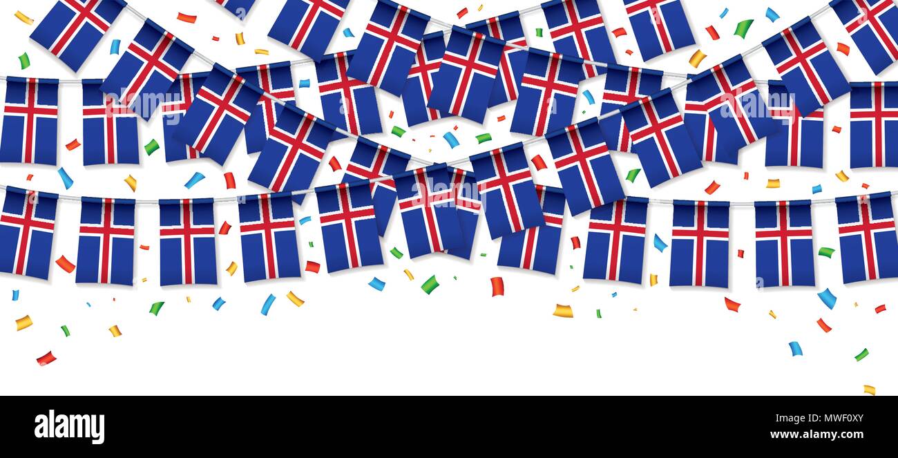 Drapeau Islande garland fond blanc avec des confettis, accrocher des banderoles pour l'indépendance Day celebration modèles de bannière, Vector illustration Illustration de Vecteur