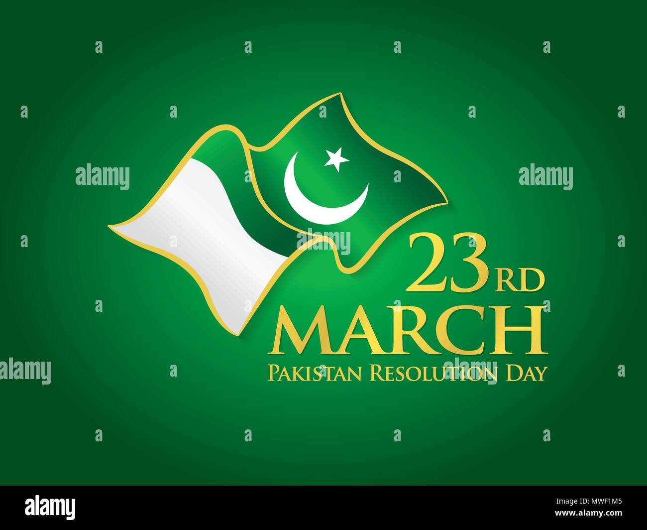 23 mars Pakistan résolution Jour, emblèmes typographiques et d'un insigne avec fond vert, une inscription en anglais 'Résolution', le Pakistan journée ruban F Illustration de Vecteur