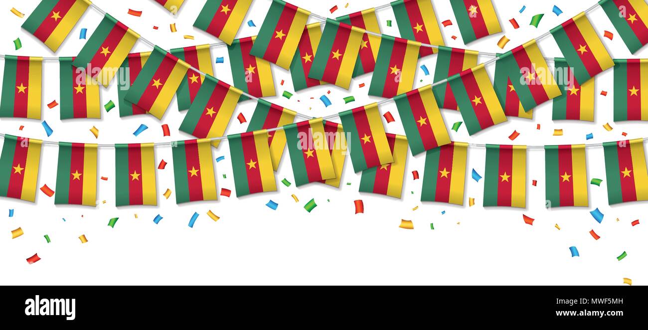 Guirlande drapeau Cameroun fond blanc avec confetti, accrochant des banderoles pour la célébration du Jour de l'indépendance camerounaise modèles de bannière, Vector illustratio Illustration de Vecteur