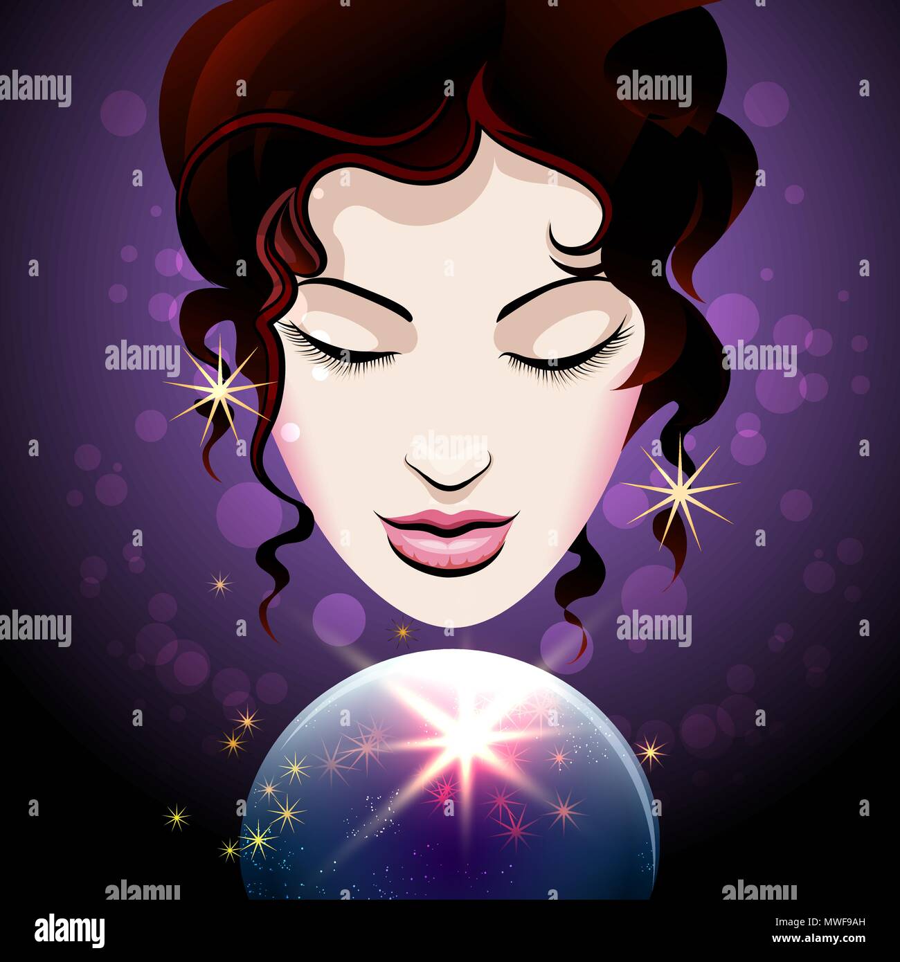 Jolie fille regarde dans une boule de cristal. Magie de divination concept. Vector illustration. Illustration de Vecteur