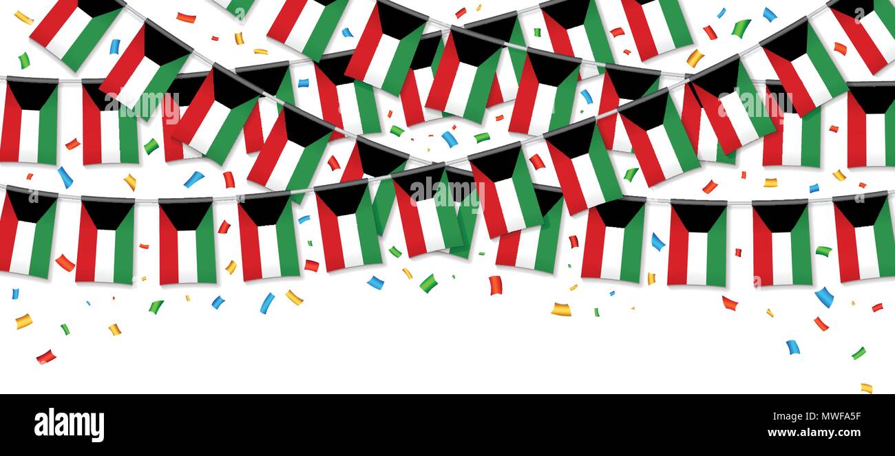 Guirlande drapeaux Koweït fond blanc avec des confettis, pendaison bunting pour modèles de bannière à l'occasion de la fête nationale, Vector illustration Illustration de Vecteur