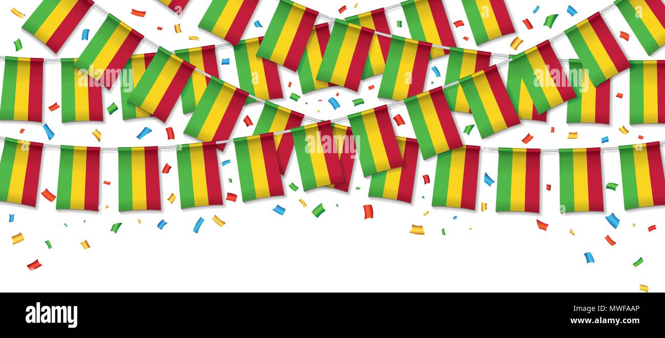 Guirlande drapeau Mali fond blanc avec confetti, accrochant des banderoles pour le jour de l'indépendance malienne célébration modèles de bannière, Vector illustration Illustration de Vecteur