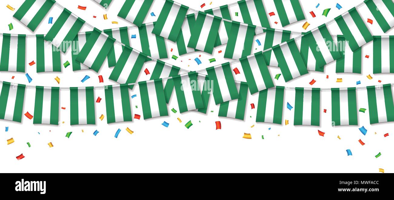 Drapeau Nigeria garland fond blanc avec des confettis, accrocher des banderoles pour la célébration du Jour de l'indépendance nigériane modèles de bannière, Vector illustration Illustration de Vecteur