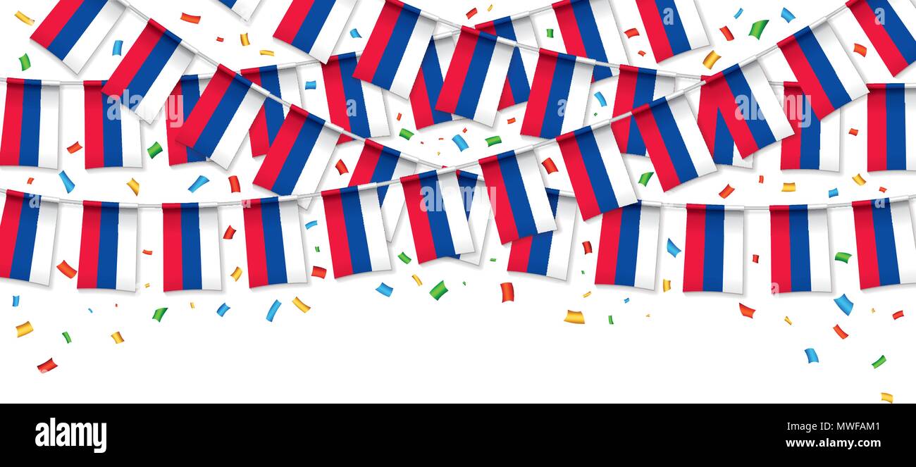 Guirlande drapeaux russes fond blanc avec des confettis, accrocher des banderoles pour la célébration du Jour de la Russie modèles de bannière, Vector illustration Illustration de Vecteur