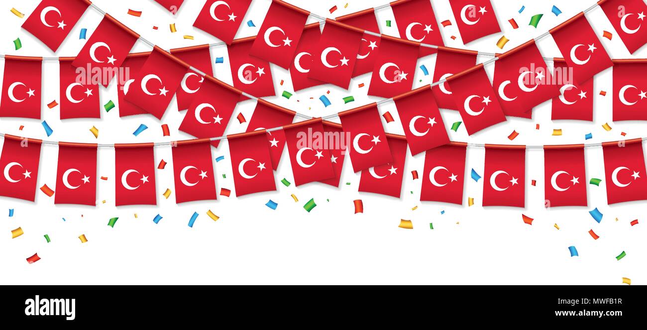 Drapeaux turcs garland fond blanc avec des confettis, accrocher des banderoles pour la célébration du Jour de la Turquie modèles de bannière, Vector illustration Illustration de Vecteur