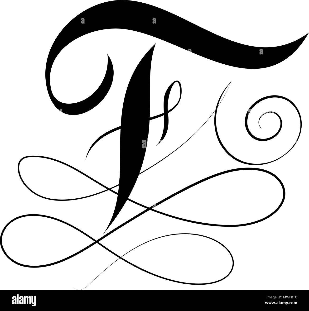 Lettre F calligraphie avec design logotype s'épanouit en noir et blanc