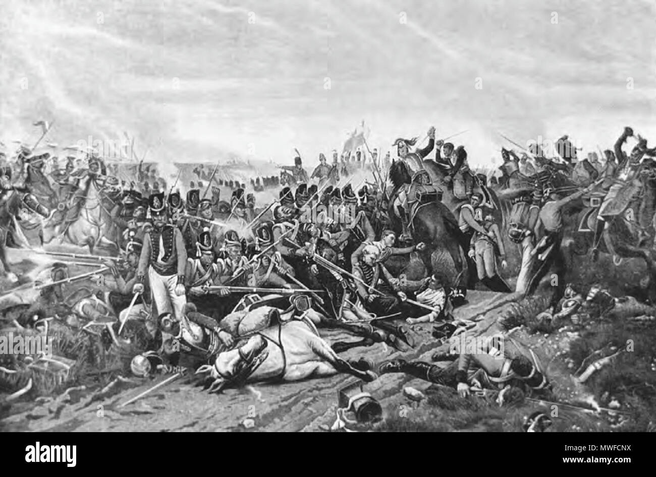 . Anglais : une place britannique à Waterloo met en place la résistance acharnée contre l'attaque de la cavalerie française. 19e siècle. Paul Jazet 311 Jazet-Battle de Waterloo Banque D'Images