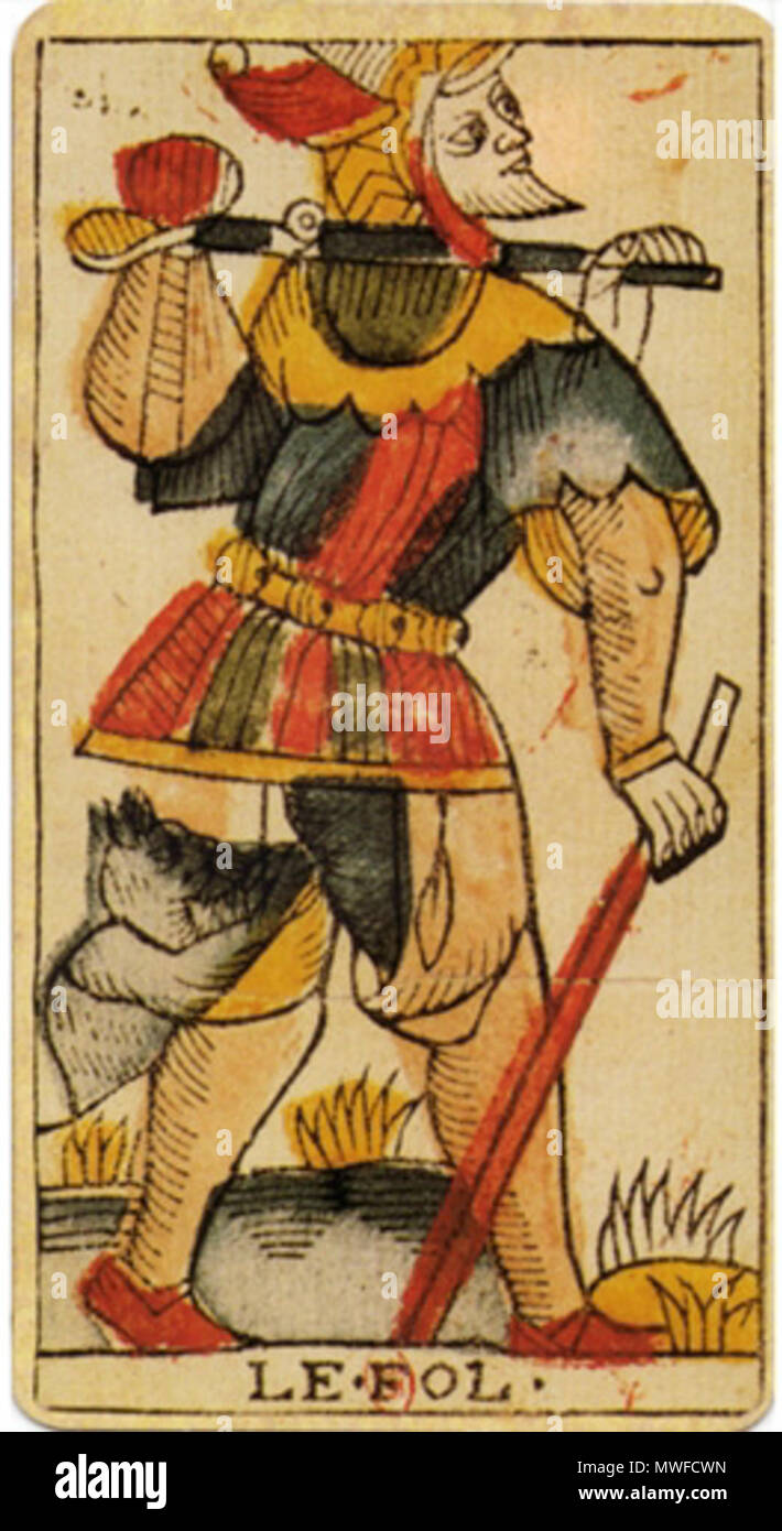 . Anglais : Un original de la carte de tarot de Jean Dodal de fr:Lyon, un Tarot de Marseille classique deck qui date de 1701-1715. Entre 1701 et 1715. Jean Dodal 311 Jean Dodal Tarot trump Fool Banque D'Images